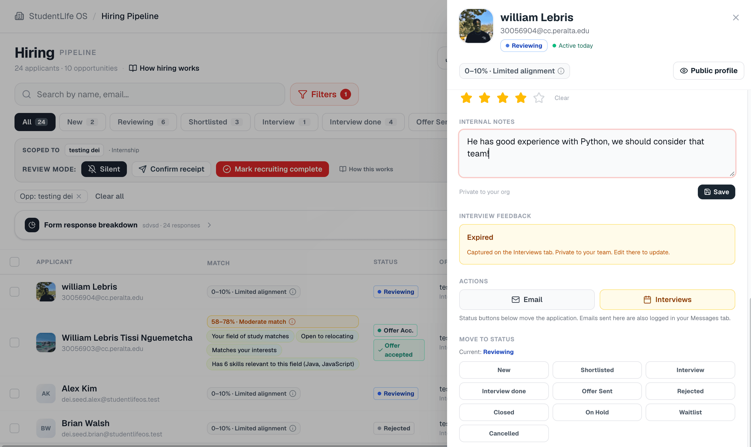 Move candidates through the statuses