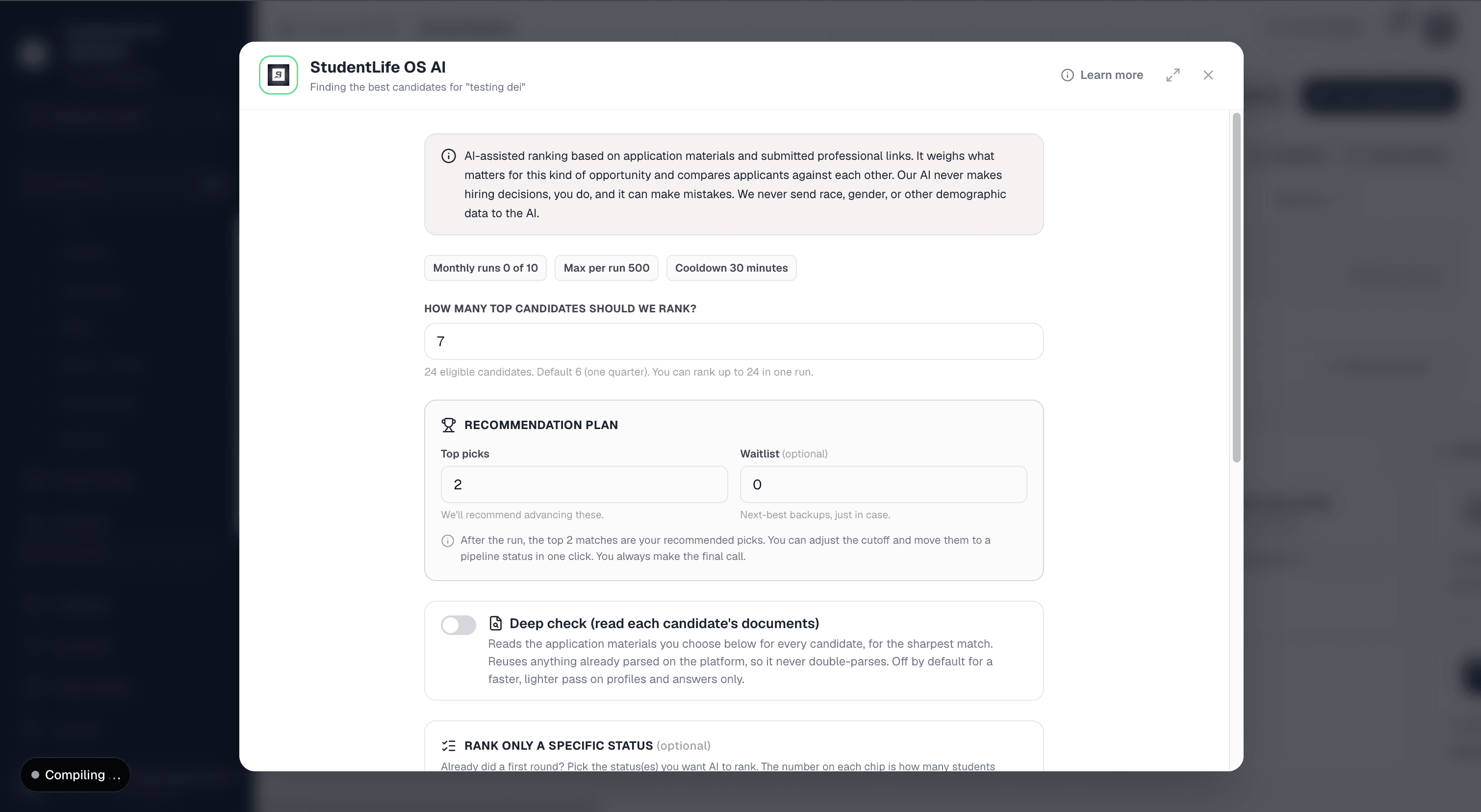 The SLOS AI candidate match panel collapsed on the hiring pipeline