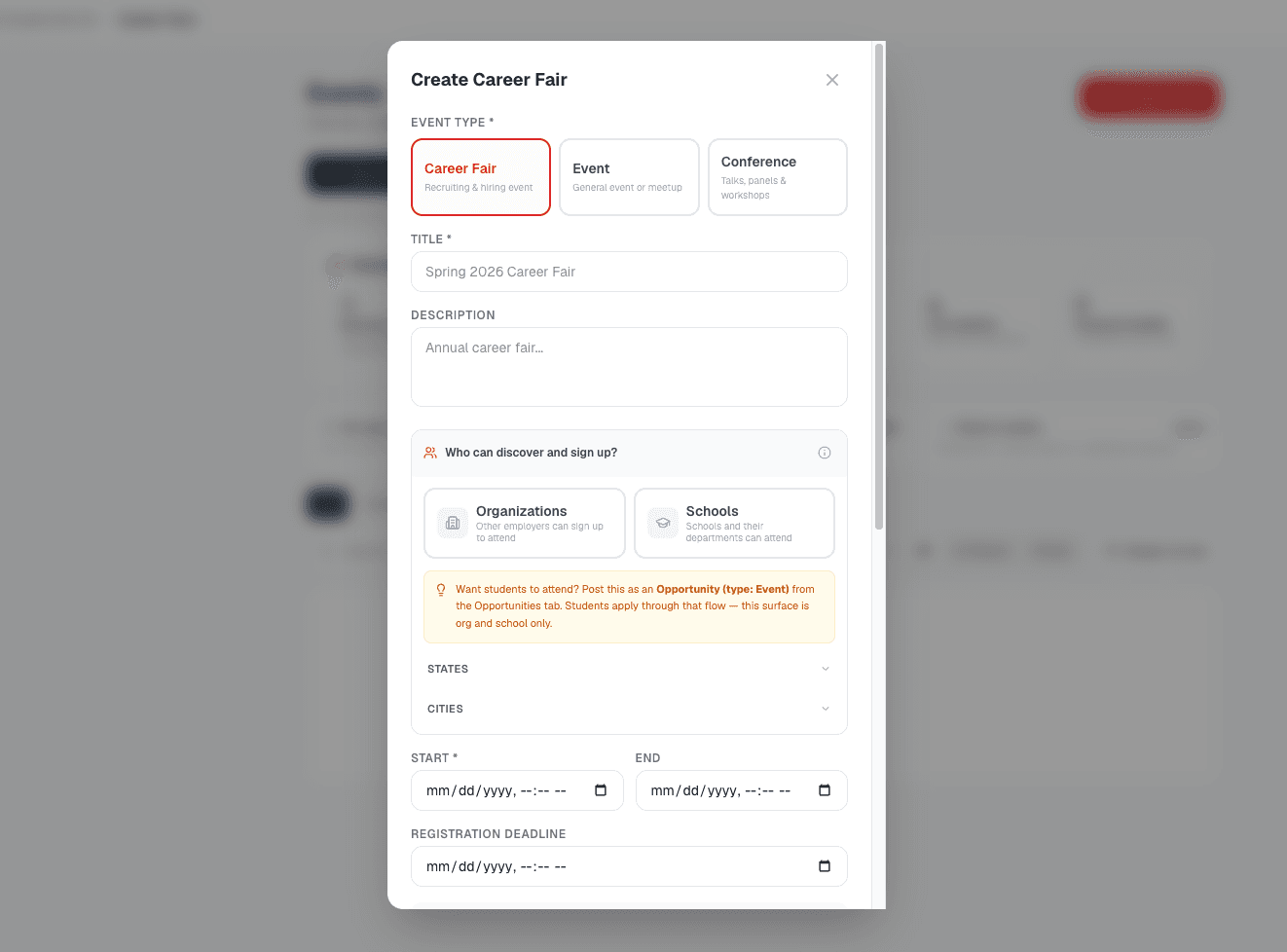Create event form with audience targeting, capacity, waitlist, and timezone