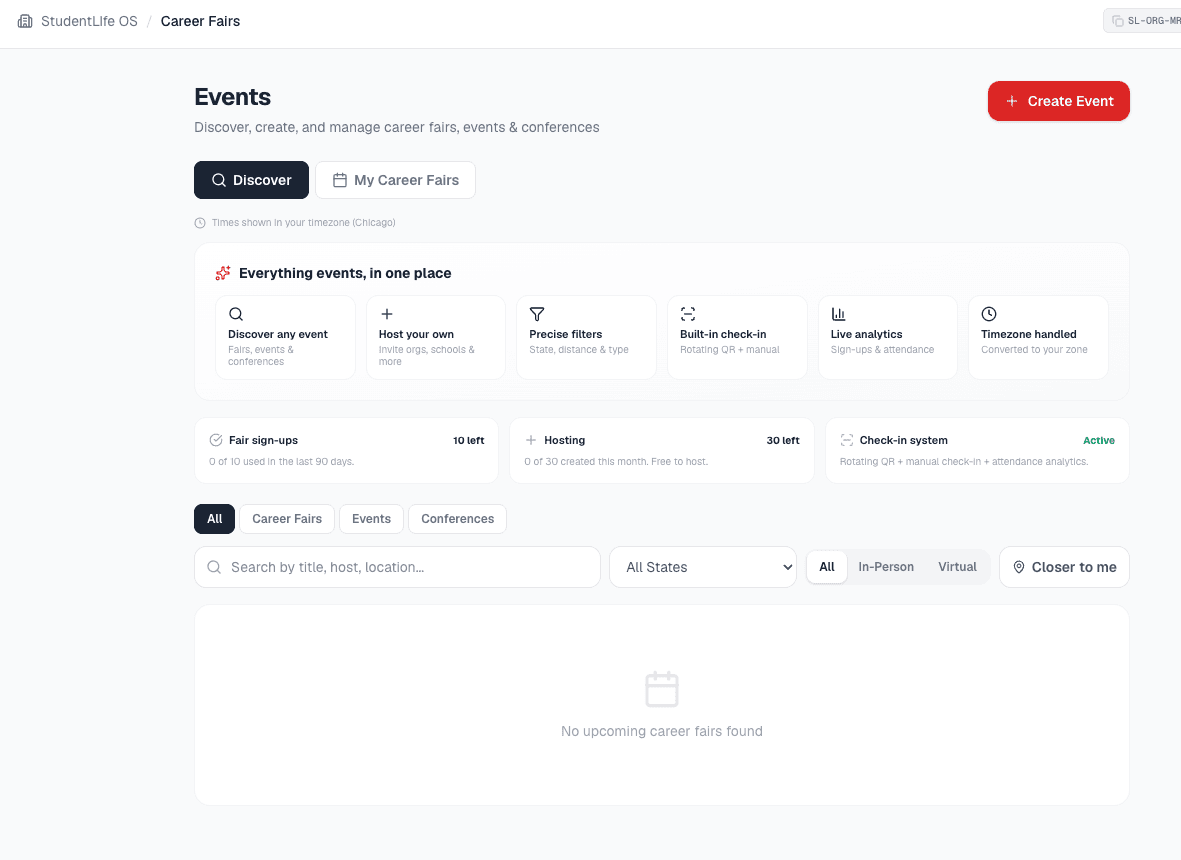 Career Fairs discover tab with event cards, filters, and the capabilities strip