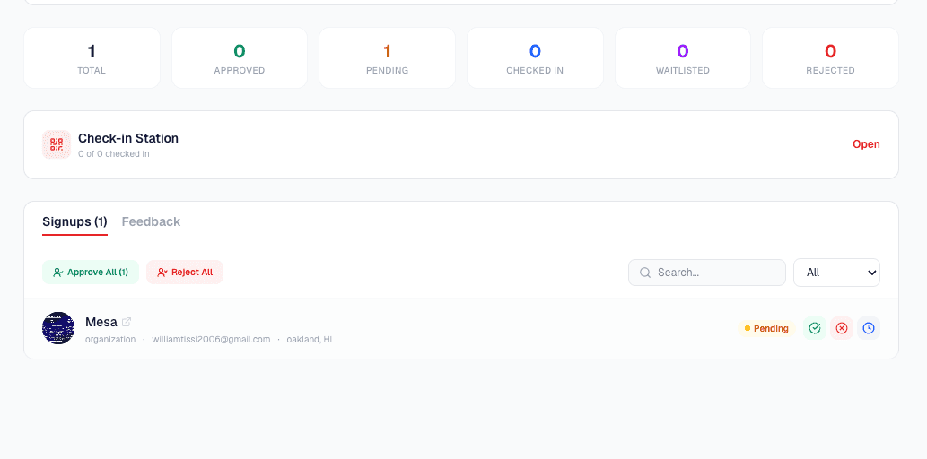 Host management view with the signup list and approve, waitlist, and decline controls