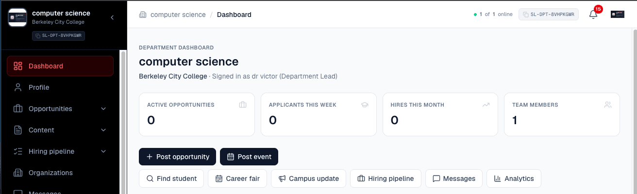 The department dashboard with headline counts and a role-aware quick actions row