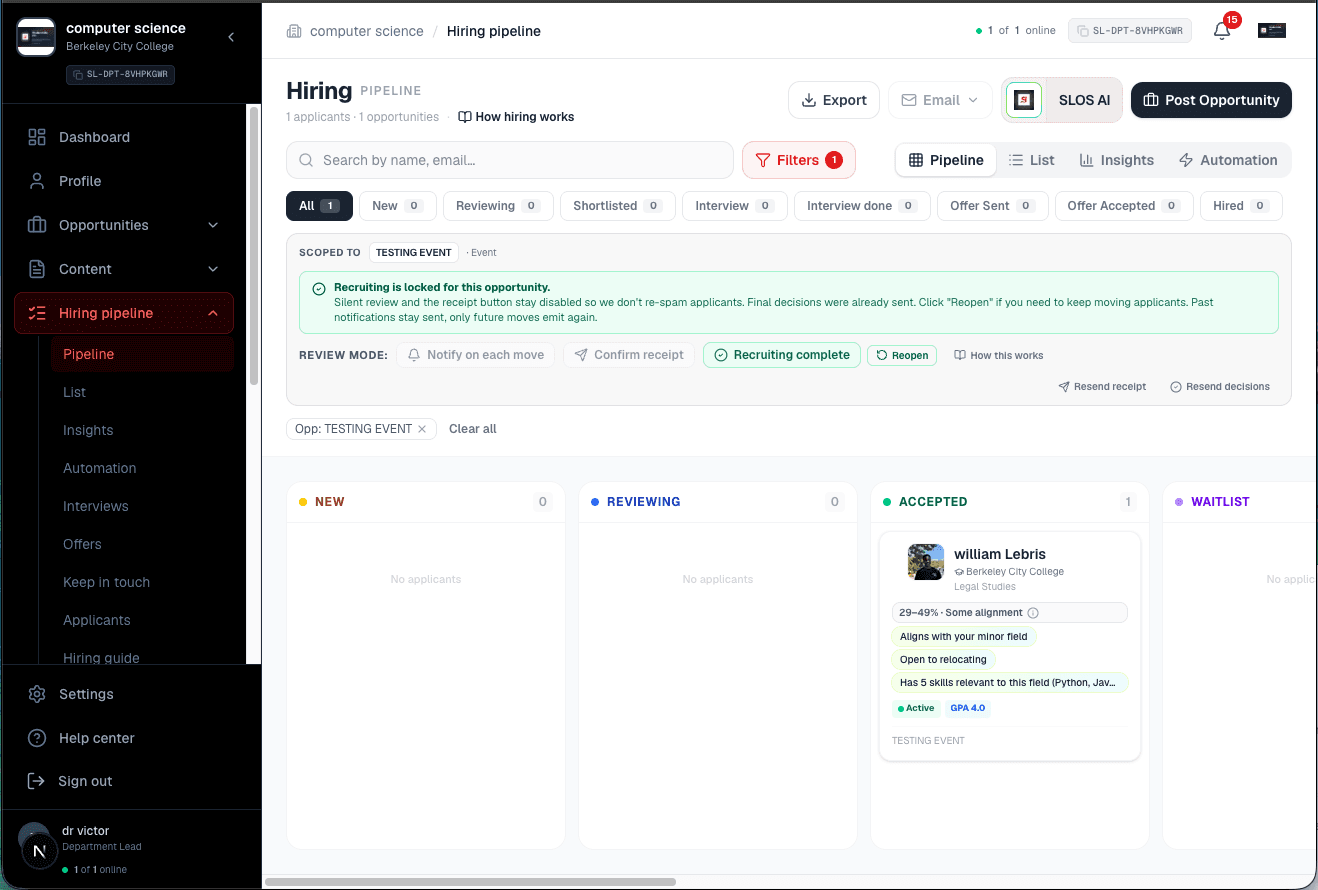 The department hiring pipeline board with candidates in status columns, a match score, and a candidate detail drawer