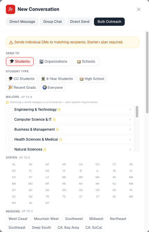 The Bulk Outreach audience builder: send to students, organizations, or schools, then narrow by student type, major, state, and region