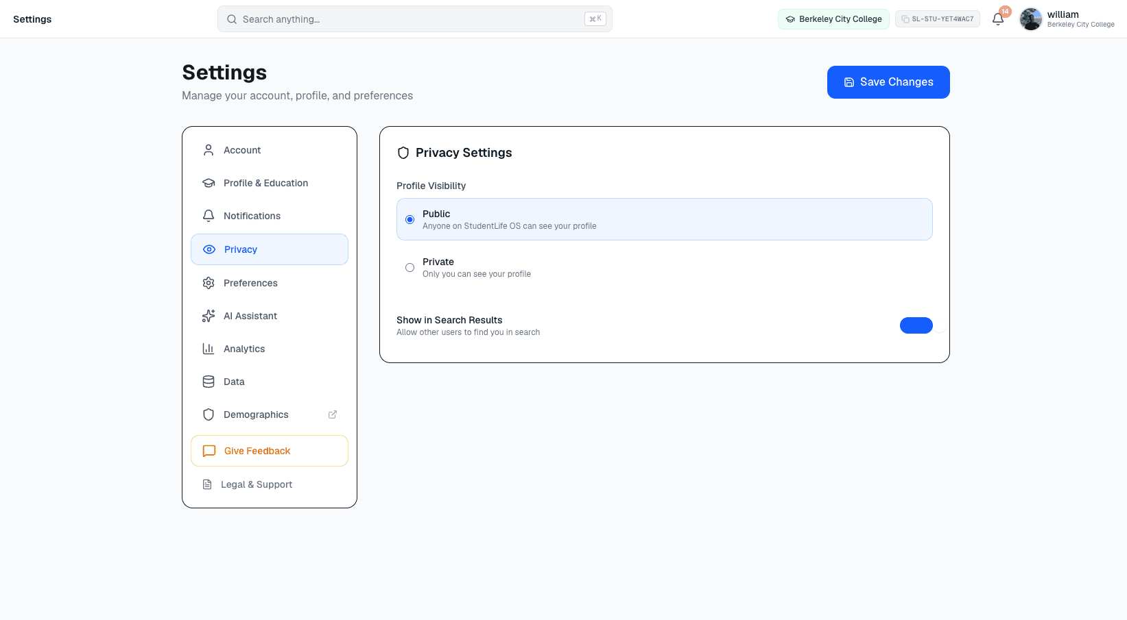 Student privacy settings showing profile visibility and a Show in search results toggle