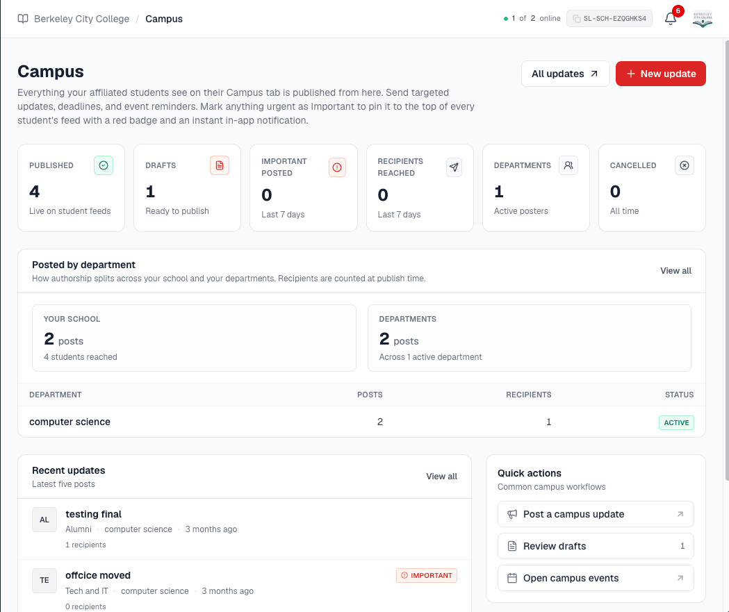 The school Campus Updates tab composing an announcement targeted to a specific audience of students