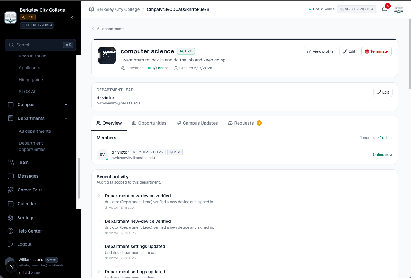 The school Departments tab listing each department as its own secure portal with status and monitoring